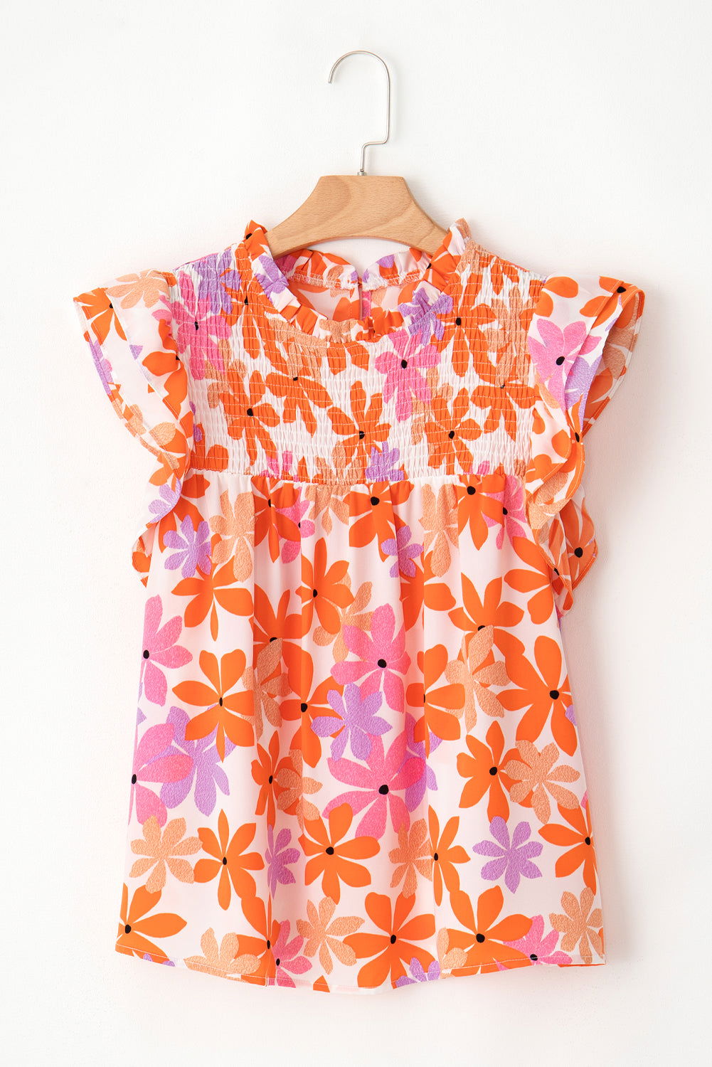 Orange Boho 60s Floral Print Ruffled Sleeve Smocked Blouse - Vesteeto