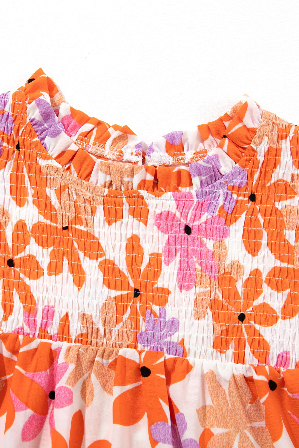 Orange Boho 60s Floral Print Ruffled Sleeve Smocked Blouse - Vesteeto