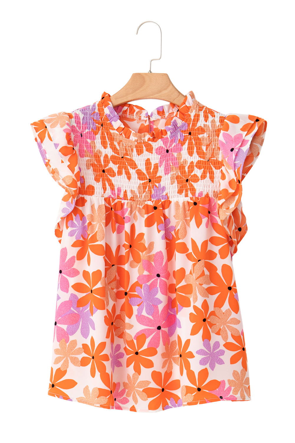 Orange Boho 60s Floral Print Ruffled Sleeve Smocked Blouse - Vesteeto