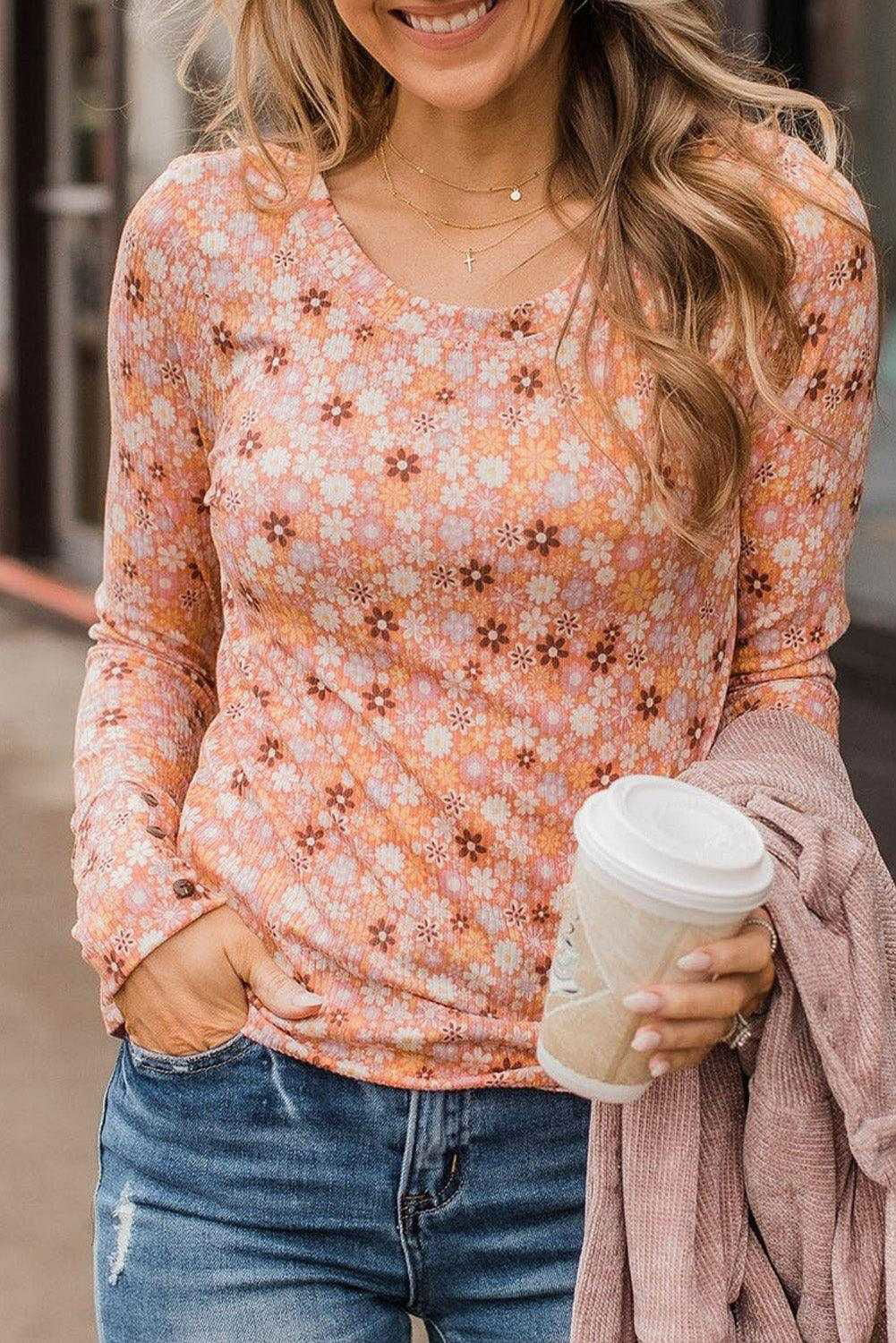 Orange Boho Floral Round Neck Knit Long Sleeve Top - Vesteeto