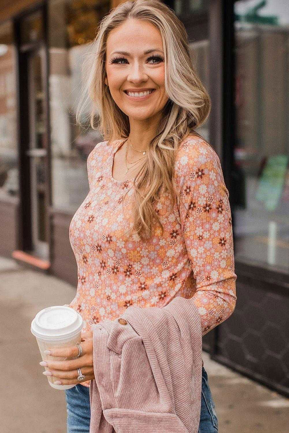 Orange Boho Floral Round Neck Knit Long Sleeve Top - Vesteeto