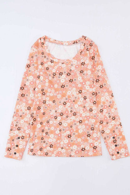 Orange Boho Floral Round Neck Knit Long Sleeve Top - Vesteeto