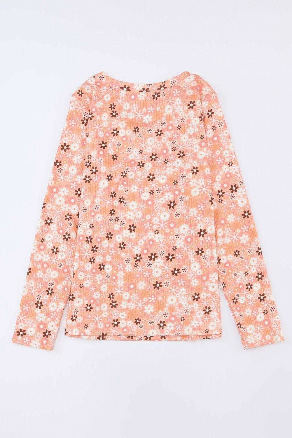 Orange Boho Floral Round Neck Knit Long Sleeve Top - Vesteeto