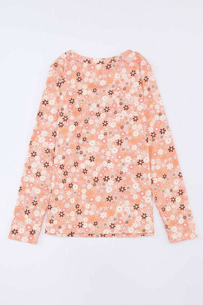 Orange Boho Floral Round Neck Knit Long Sleeve Top - Vesteeto