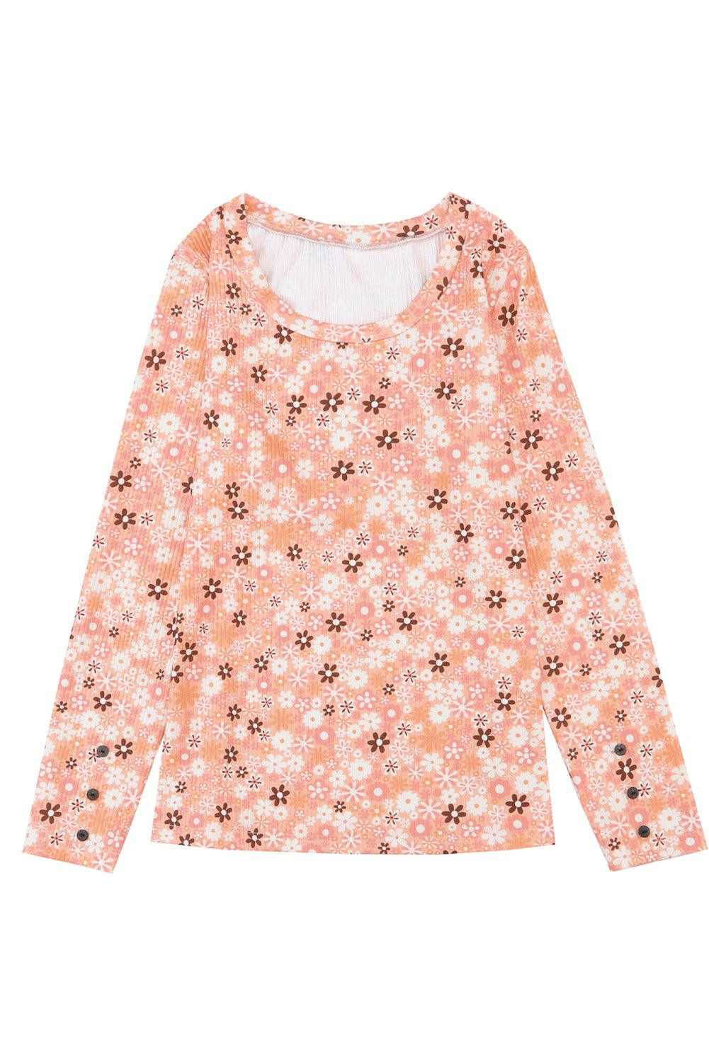 Orange Boho Floral Round Neck Knit Long Sleeve Top - Vesteeto