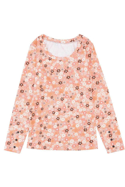 Orange Boho Floral Round Neck Knit Long Sleeve Top - Vesteeto