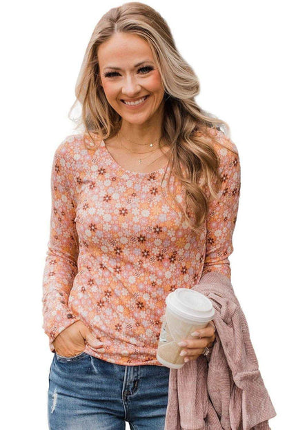 Orange Boho Floral Round Neck Knit Long Sleeve Top - Vesteeto