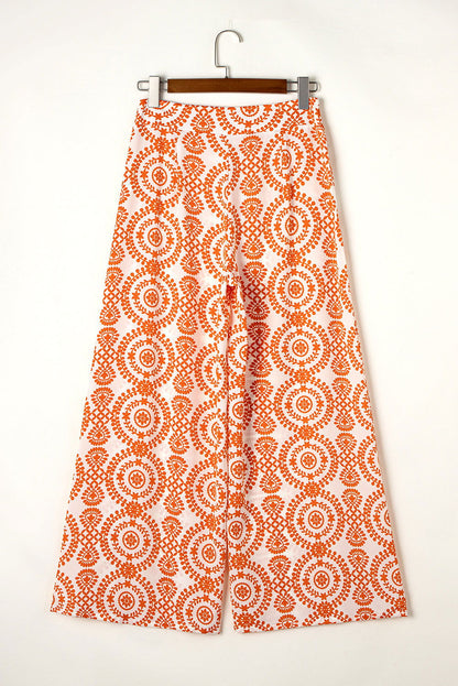 Orange Boho Retro Flower Print Wide Leg Pants - Vesteeto