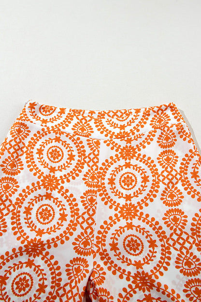 Orange Boho Retro Flower Print Wide Leg Pants - Vesteeto