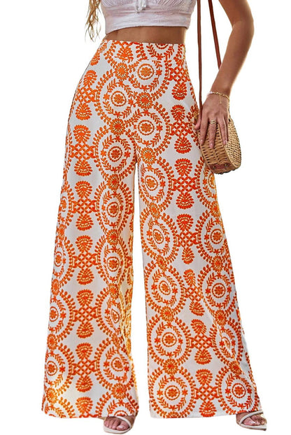 Orange Boho Retro Flower Print Wide Leg Pants - Vesteeto