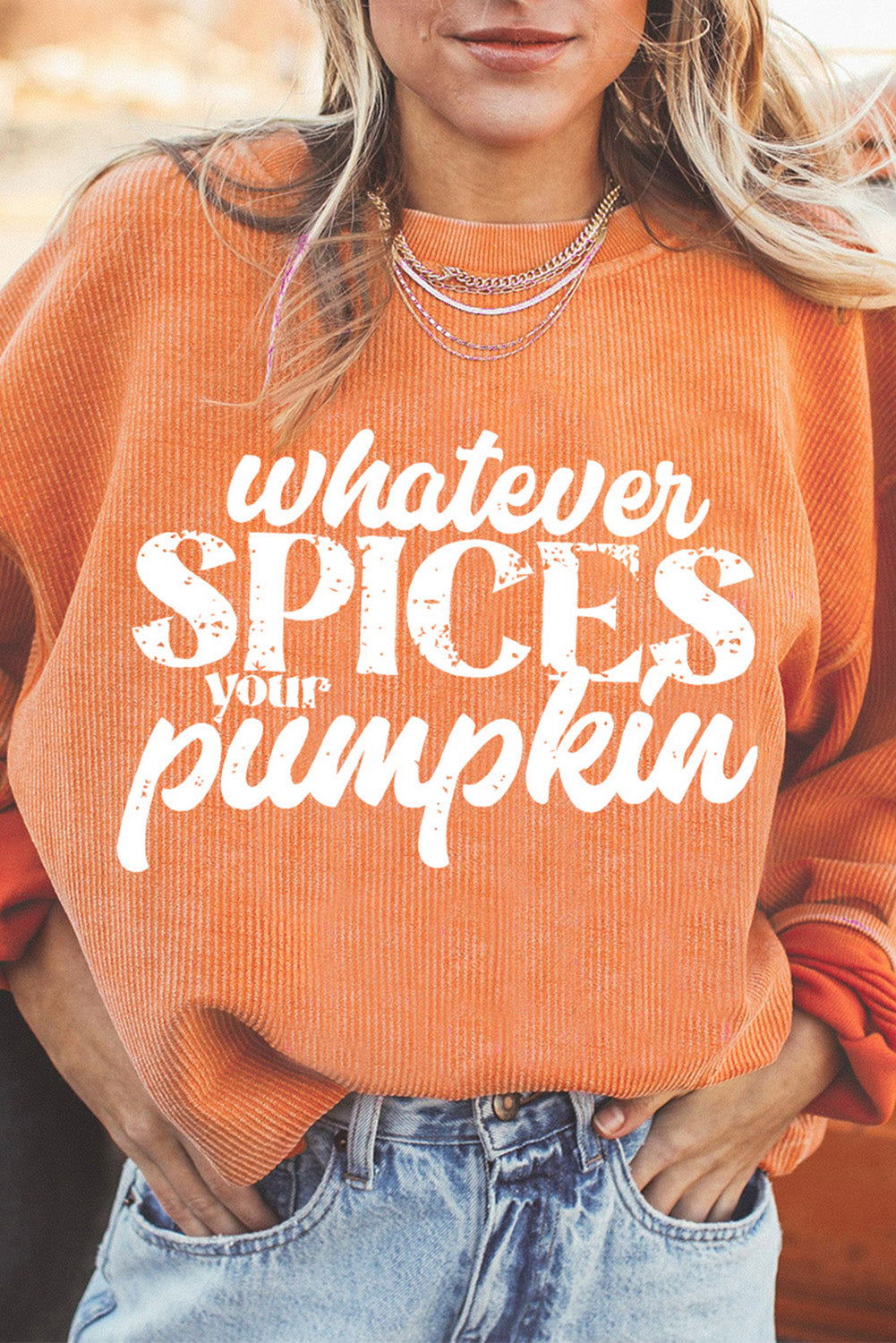 Orange Corded Whatever Spices Your Pumpkin Graphic Sweatshirt - Vesteeto