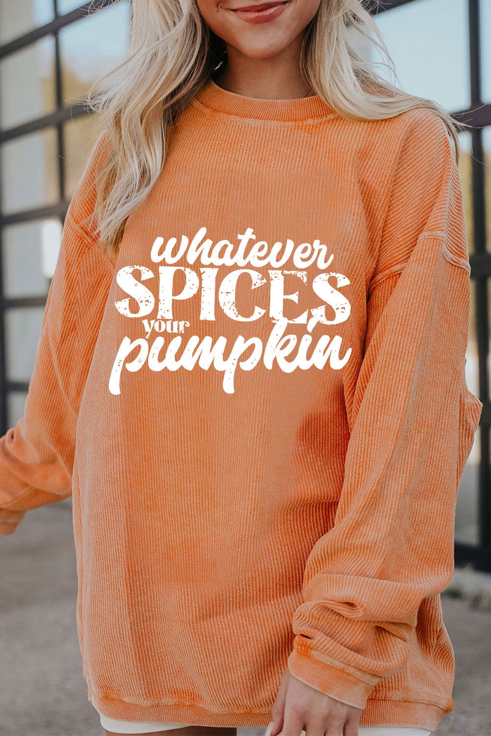 Orange Corded Whatever Spices Your Pumpkin Graphic Sweatshirt - Vesteeto