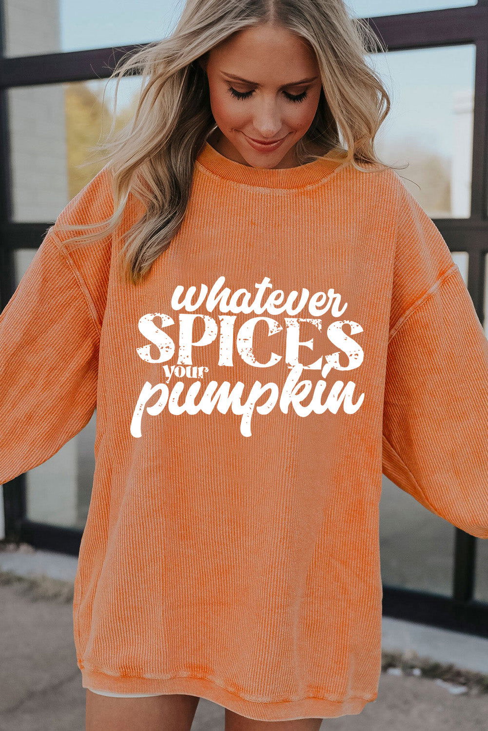 Orange Corded Whatever Spices Your Pumpkin Graphic Sweatshirt - Vesteeto