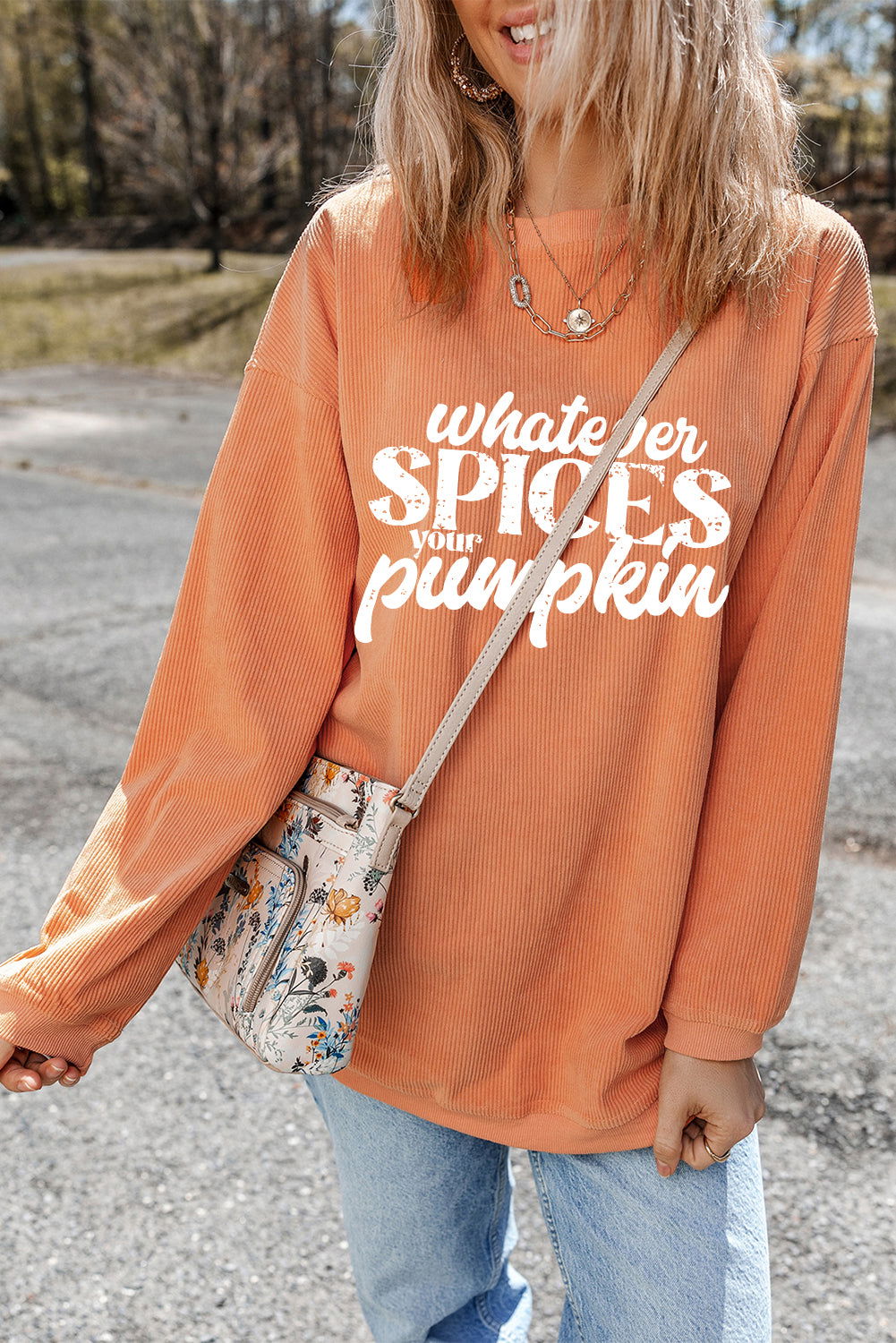 Orange Corded Whatever Spices Your Pumpkin Graphic Sweatshirt - Vesteeto