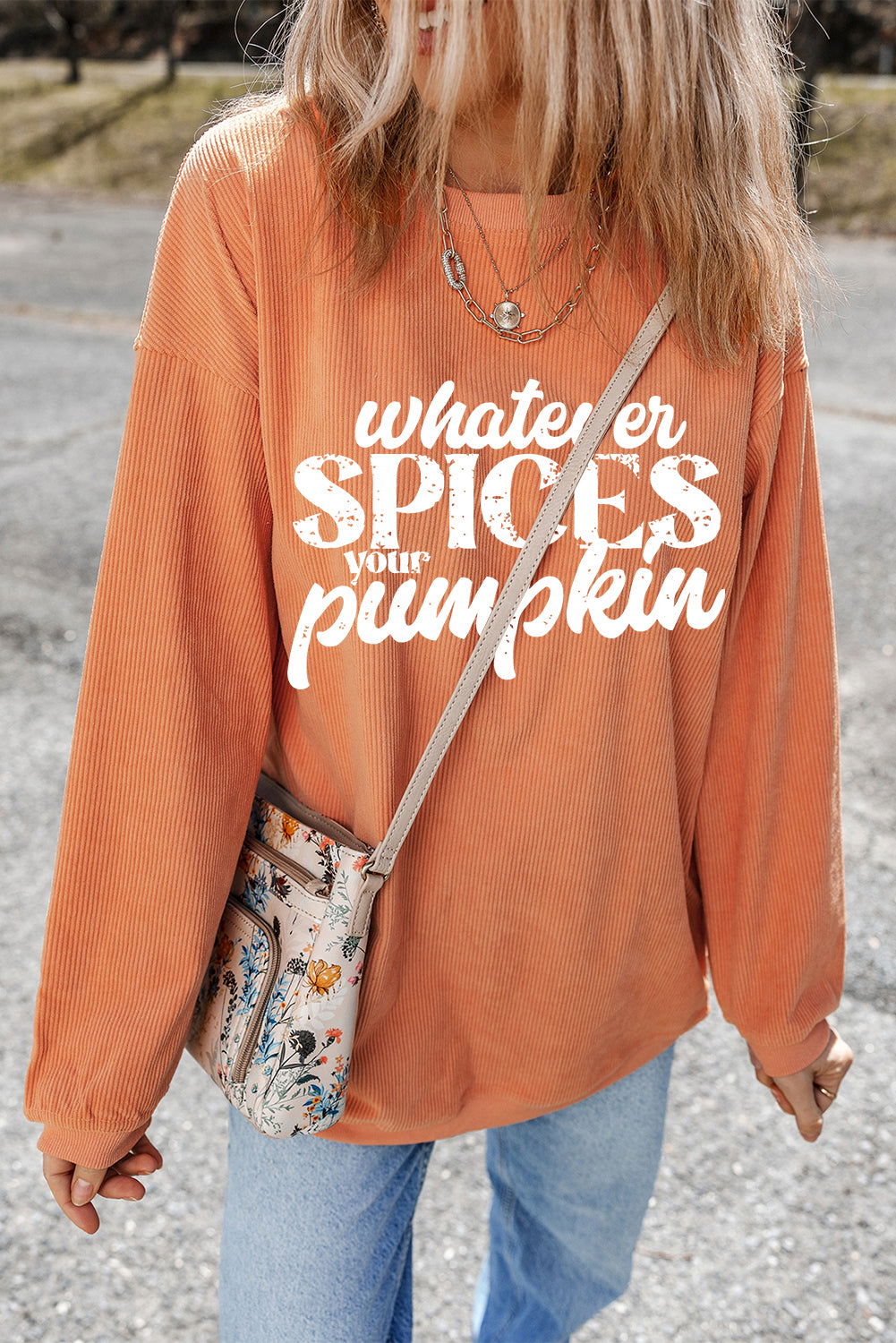 Orange Corded Whatever Spices Your Pumpkin Graphic Sweatshirt - Vesteeto