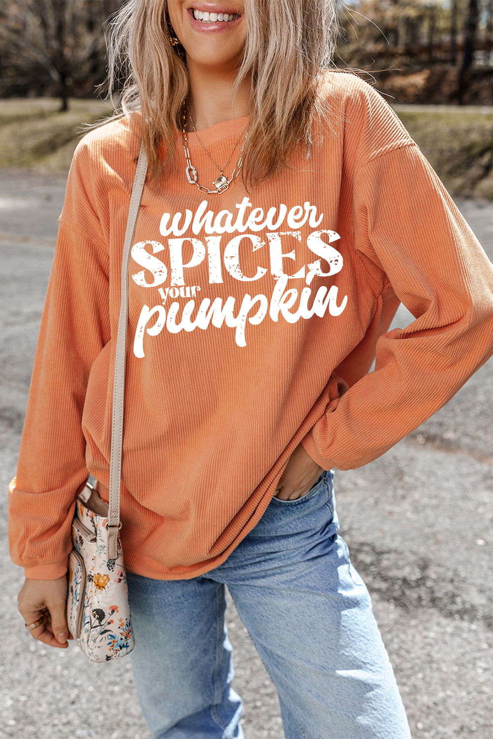 Orange Corded Whatever Spices Your Pumpkin Graphic Sweatshirt - Vesteeto