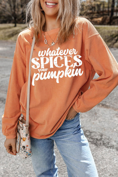 Orange Corded Whatever Spices Your Pumpkin Graphic Sweatshirt - Vesteeto