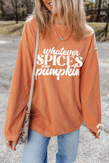 Orange Corded Whatever Spices Your Pumpkin Graphic Sweatshirt - Vesteeto