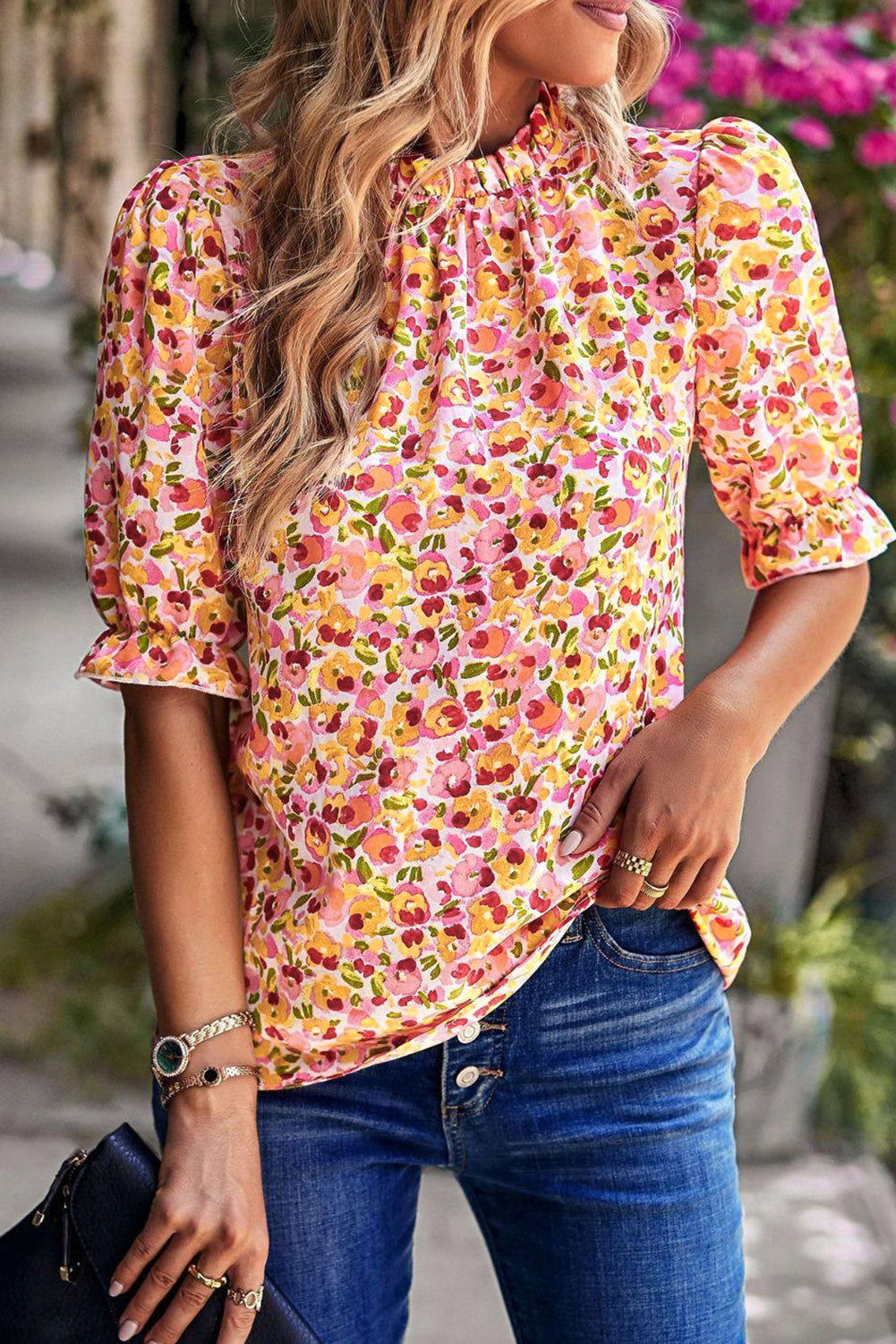 Orange Floral Boho Frill Mock Neck Blouse - Vesteeto