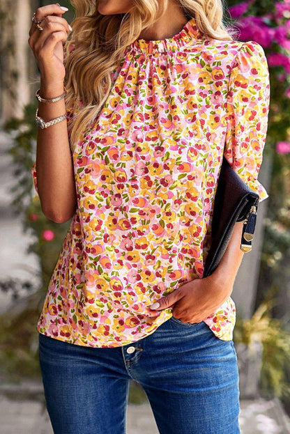 Orange Floral Boho Frill Mock Neck Blouse - Vesteeto