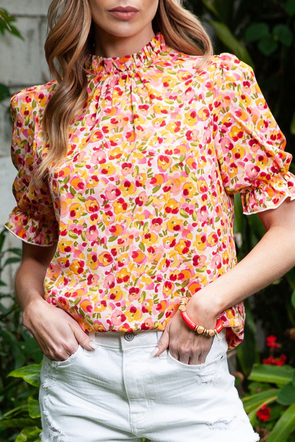 Orange Floral Boho Frill Mock Neck Blouse - Vesteeto