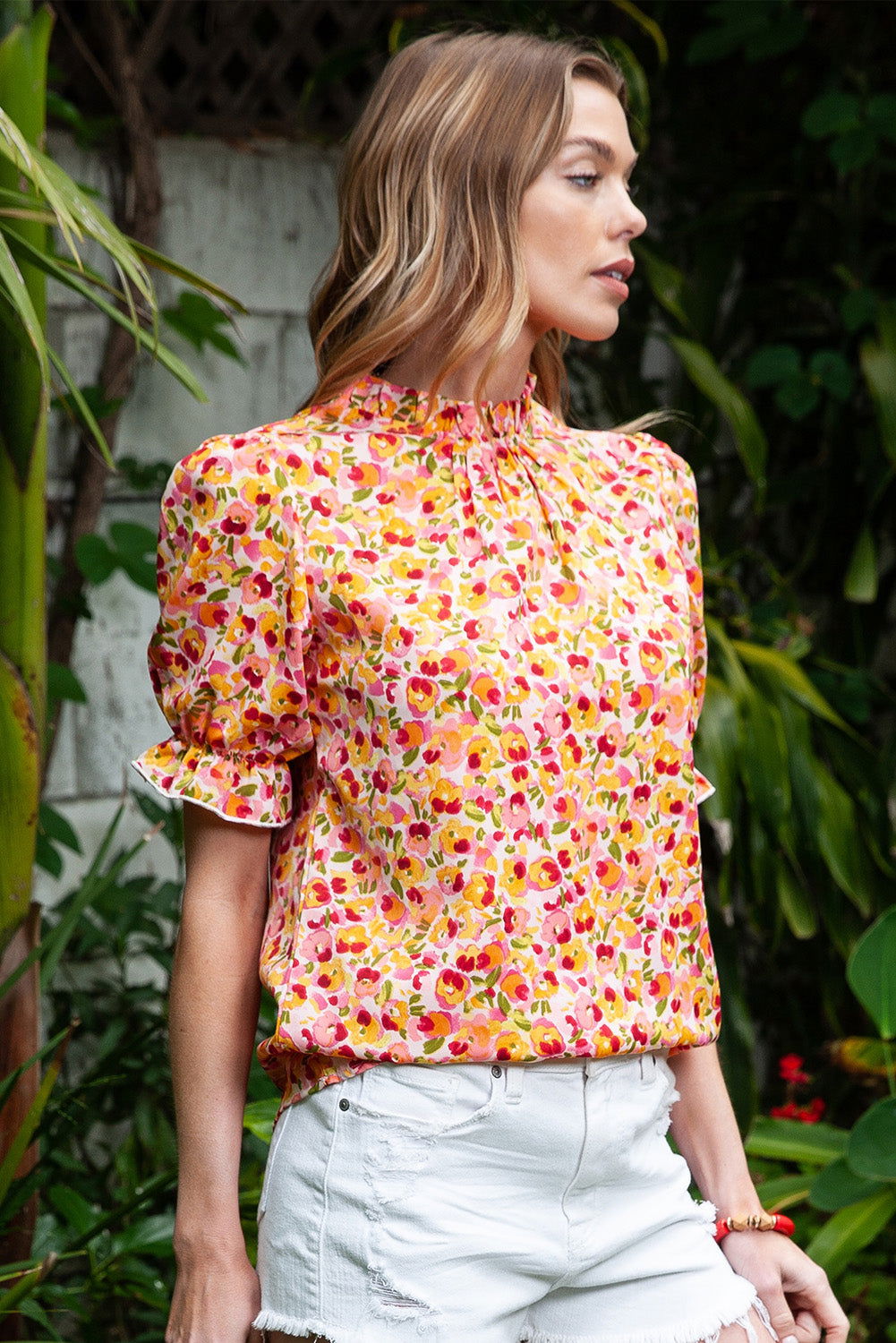 Orange Floral Boho Frill Mock Neck Blouse - Vesteeto