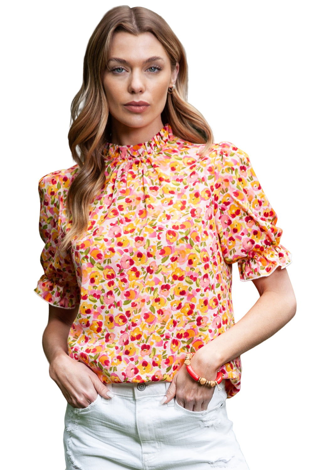 Orange Floral Boho Frill Mock Neck Blouse - Vesteeto