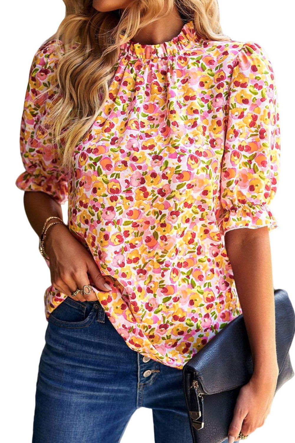 Orange Floral Boho Frill Mock Neck Blouse - Vesteeto