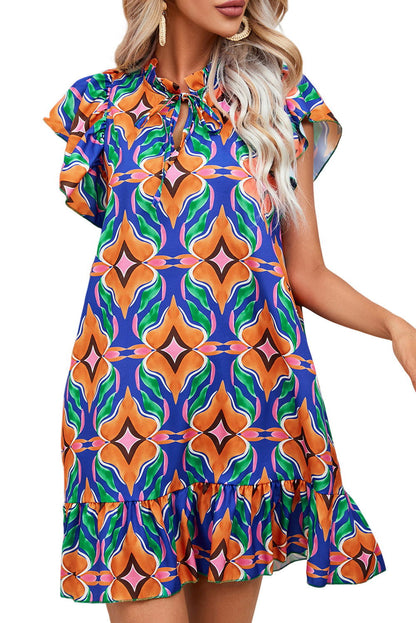 Orange Floral Print Ruffle Mini Dress - Vesteeto