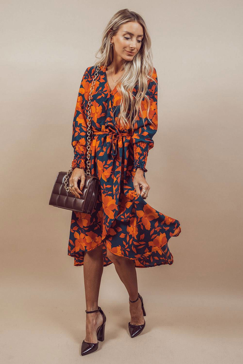 Orange Floral Print Wrap V Neck Belted Midi Dress - Vesteeto