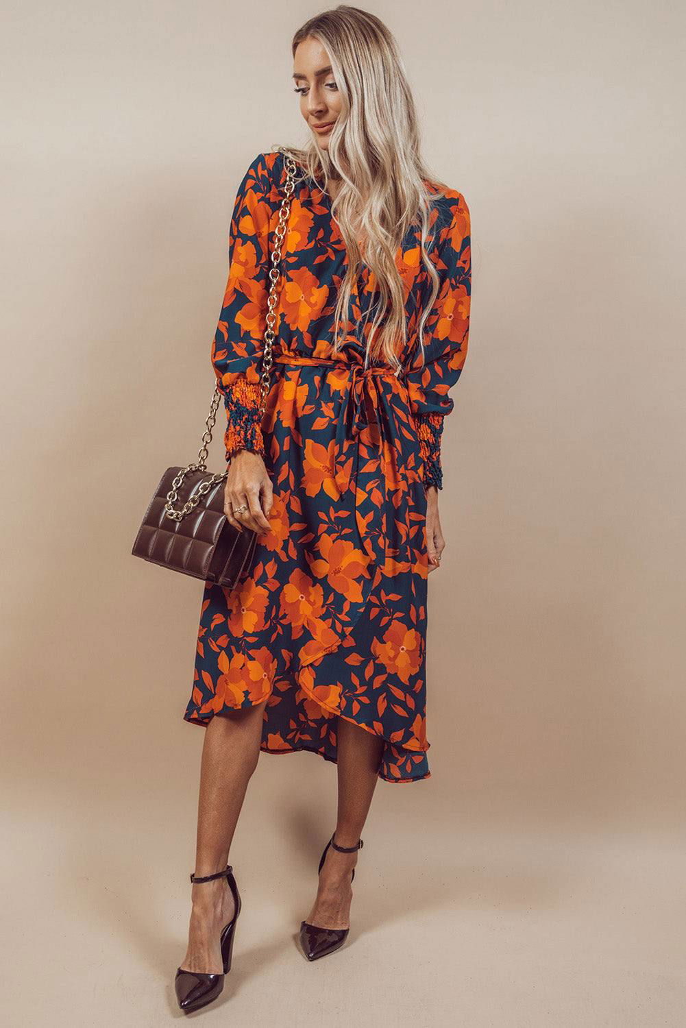 Orange Floral Print Wrap V Neck Belted Midi Dress - Vesteeto