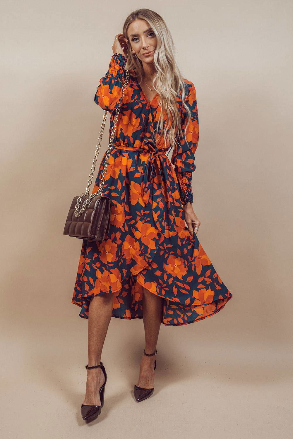 Orange Floral Print Wrap V Neck Belted Midi Dress - Vesteeto