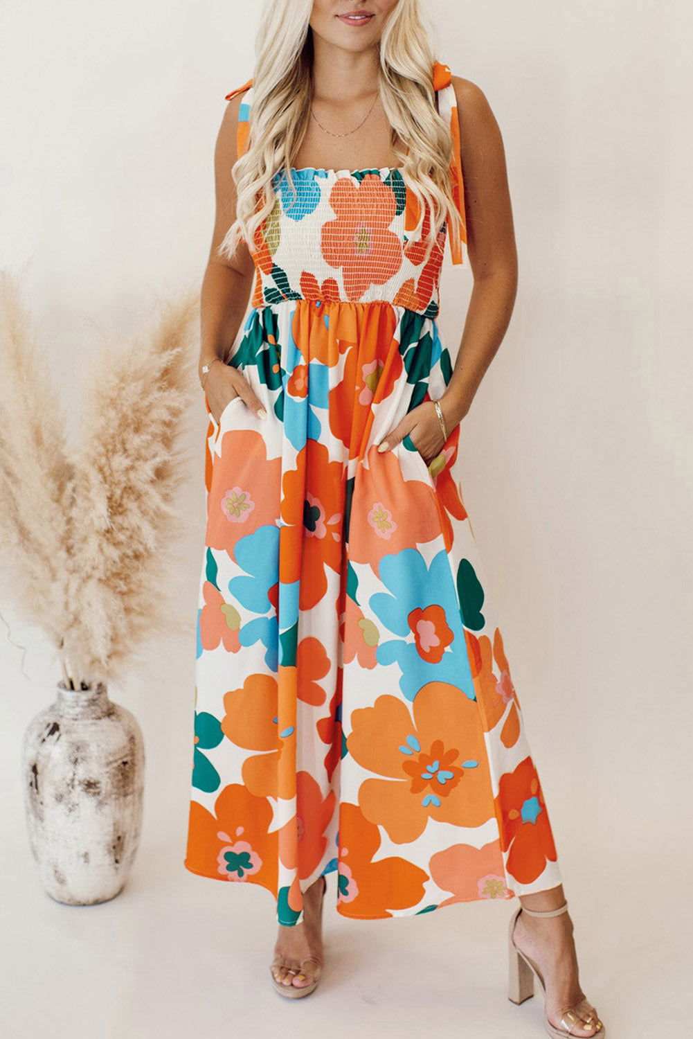 Orange Floral Printed Shoulder Tie Smocked Maxi Dress - Vesteeto