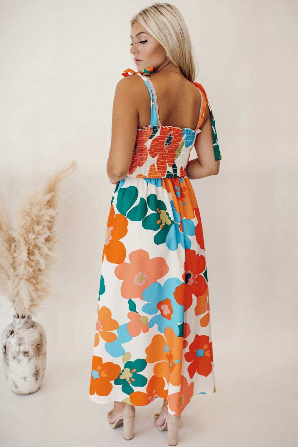 Orange Floral Printed Shoulder Tie Smocked Maxi Dress - Vesteeto