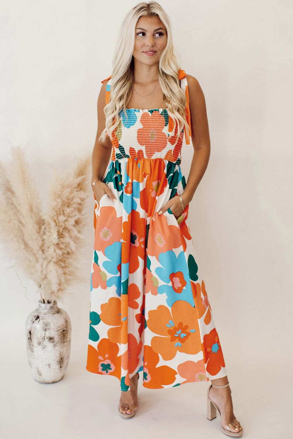 Orange Floral Printed Shoulder Tie Smocked Maxi Dress - Vesteeto