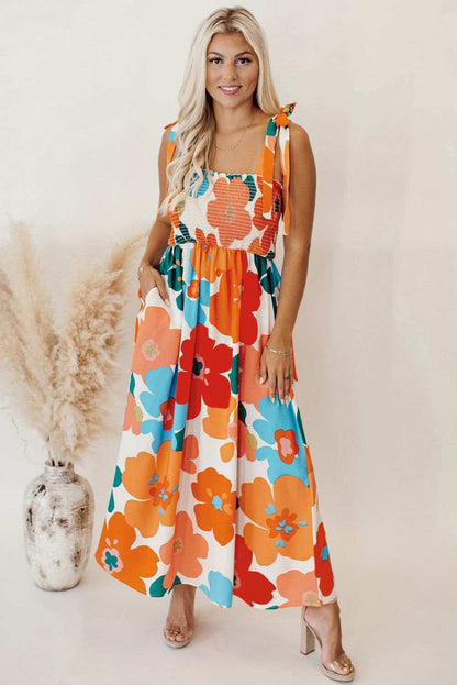 Orange Floral Printed Shoulder Tie Smocked Maxi Dress - Vesteeto