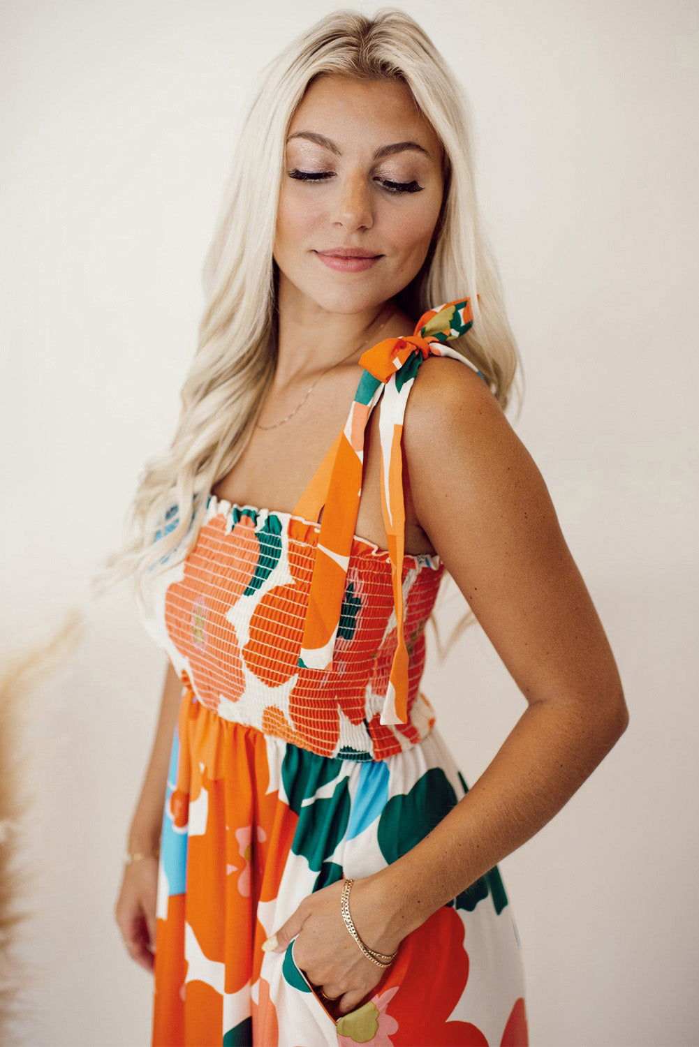 Orange Floral Printed Shoulder Tie Smocked Maxi Dress - Vesteeto