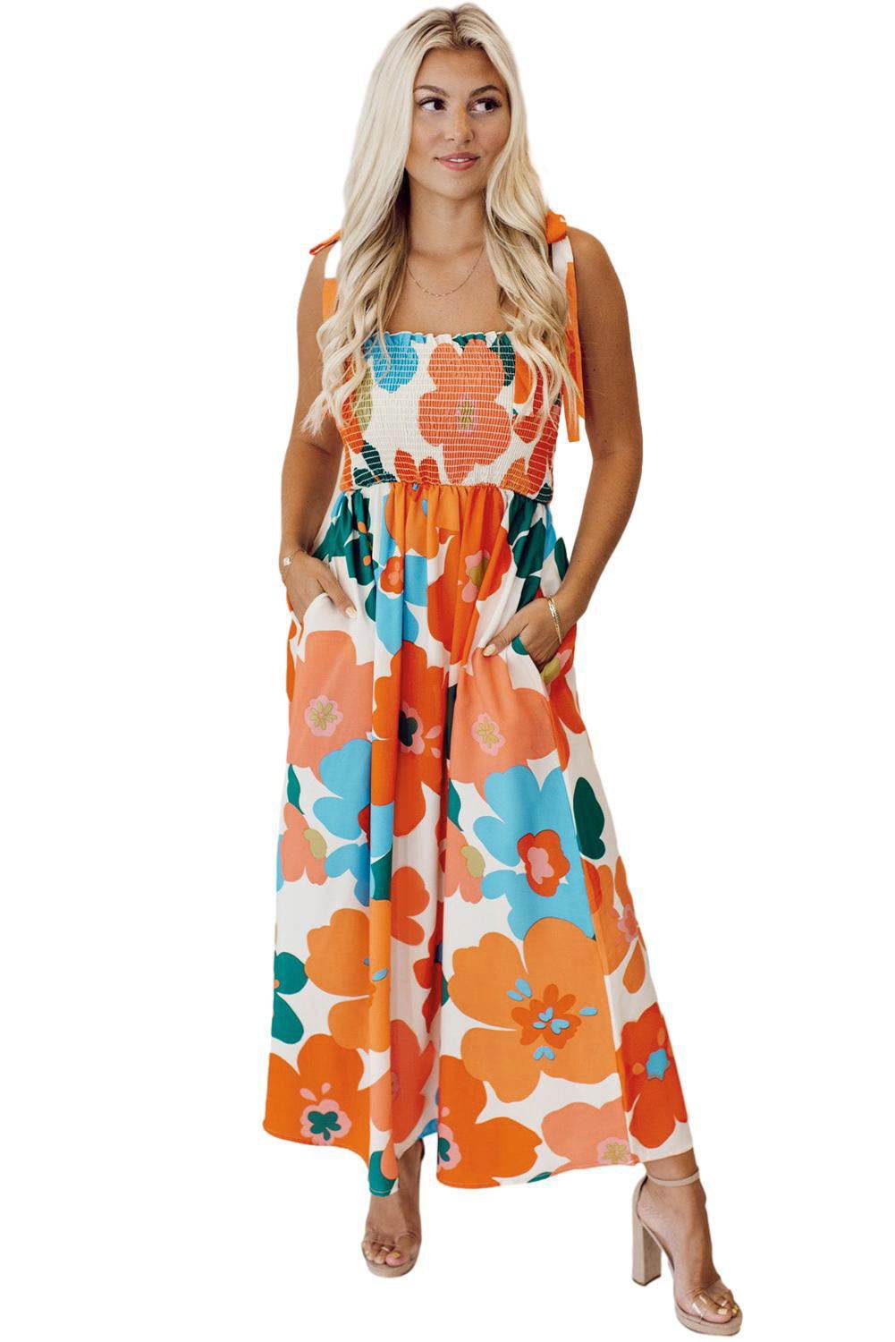 Orange Floral Printed Shoulder Tie Smocked Maxi Dress - Vesteeto