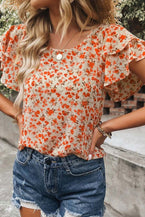 Orange Floral Tiered Flutter Sleeve Blouse - Vesteeto