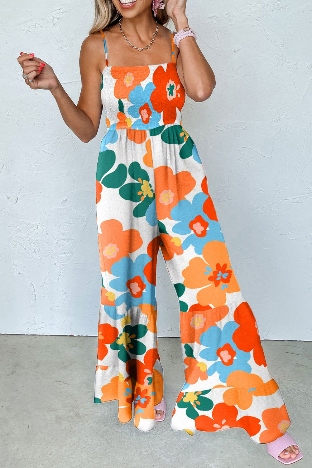 Orange Flower Smocked Bust Spaghetti Straps Wide Leg Jumpsuit - Vesteeto