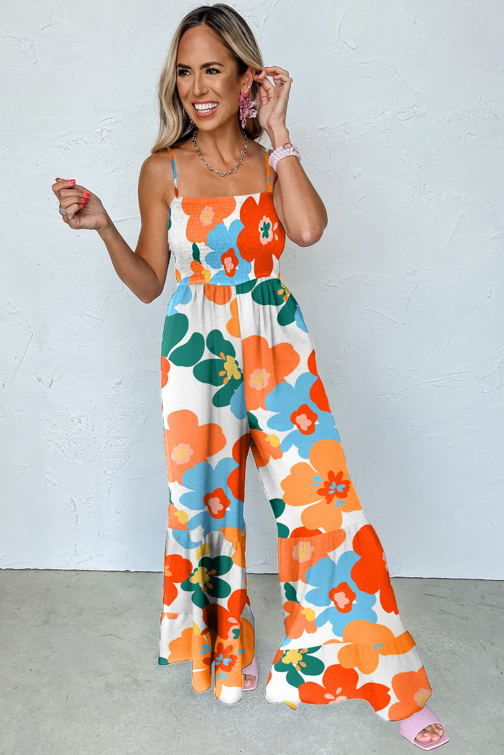 Orange Flower Smocked Bust Spaghetti Straps Wide Leg Jumpsuit - Vesteeto