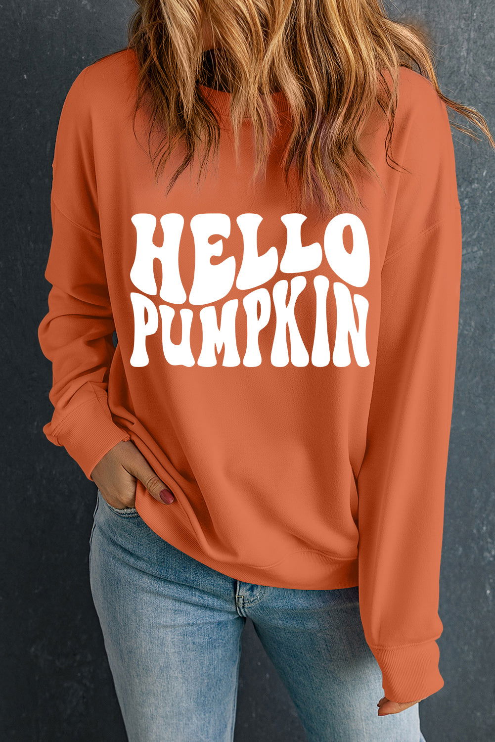 Orange Halloween Hello Pumpkin Graphic Drop Shoulder Sweatshirt - Vesteeto