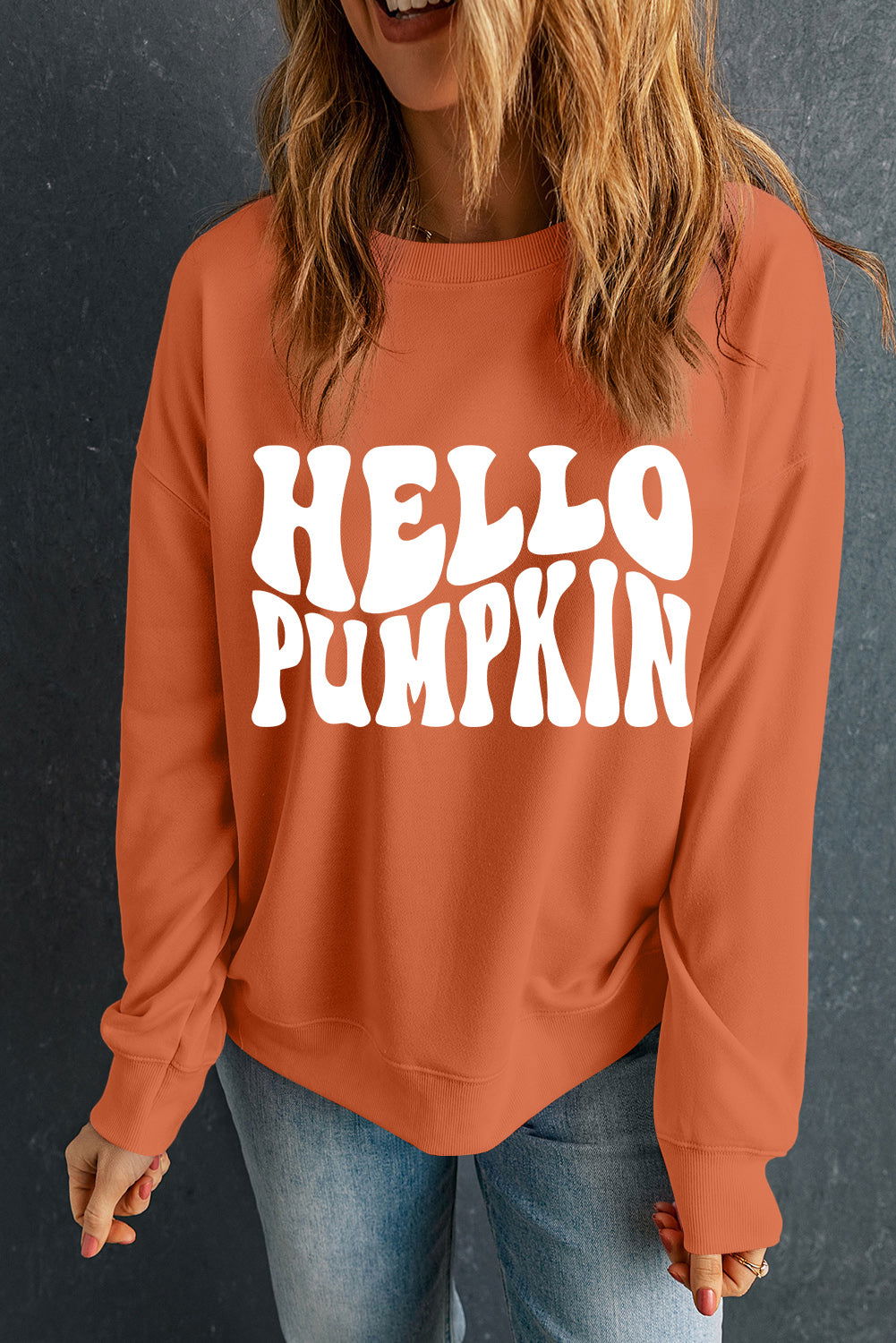 Orange Halloween Hello Pumpkin Graphic Drop Shoulder Sweatshirt - Vesteeto