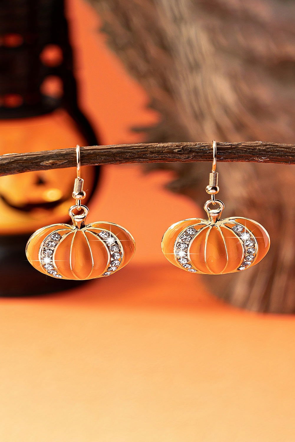 Orange Halloween Rhinestone Pumpkin Hook Earrings - Vesteeto