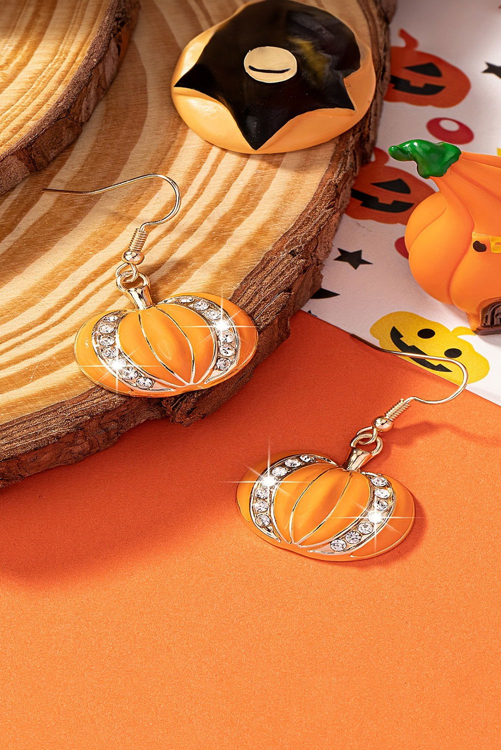 Orange Halloween Rhinestone Pumpkin Hook Earrings - Vesteeto