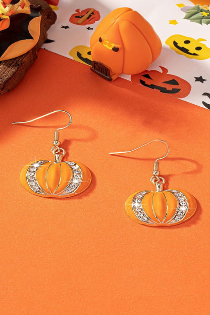 Orange Halloween Rhinestone Pumpkin Hook Earrings - Vesteeto