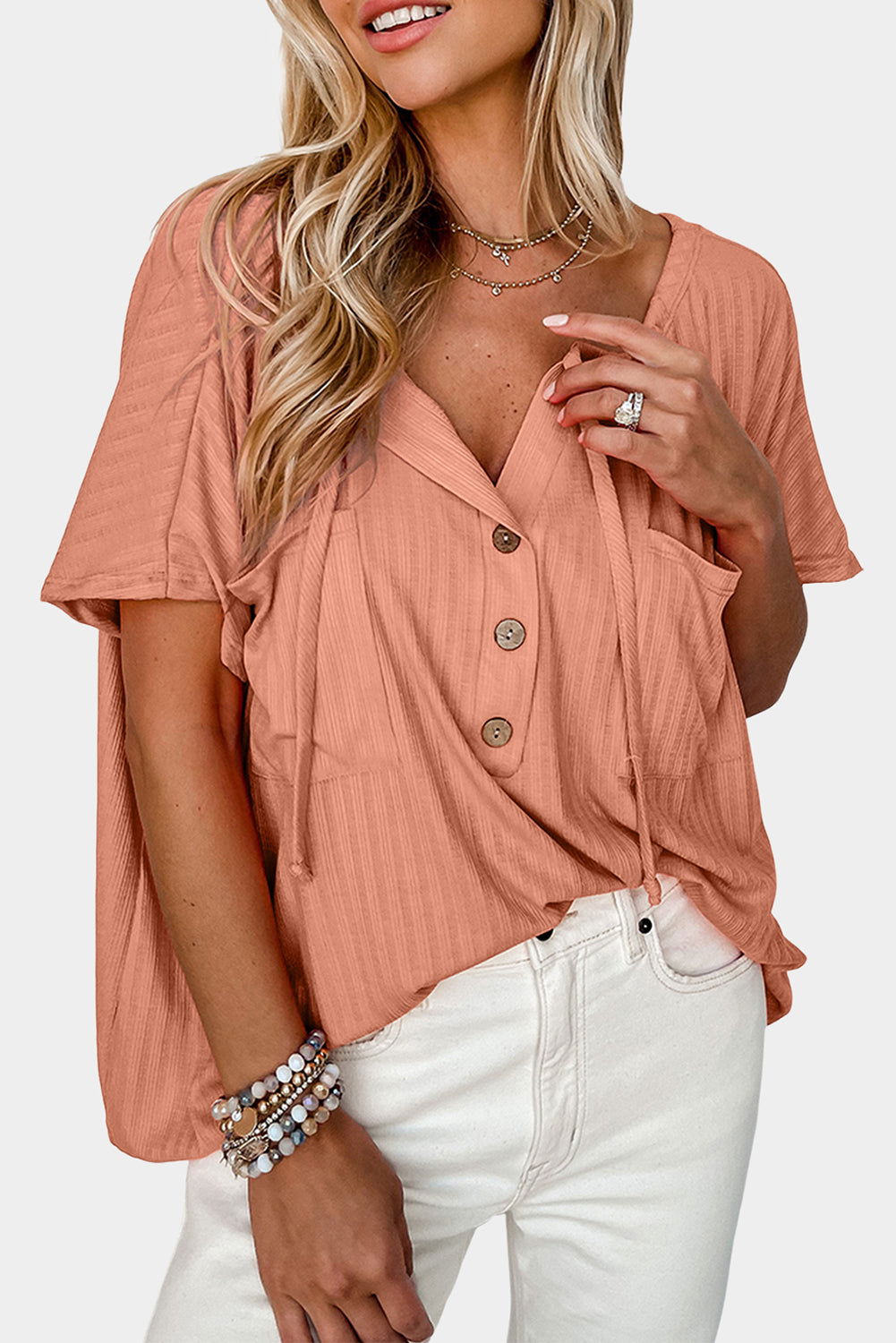 Orange Notched V Neck Buttoned Front Textured Loose Top - Vesteeto