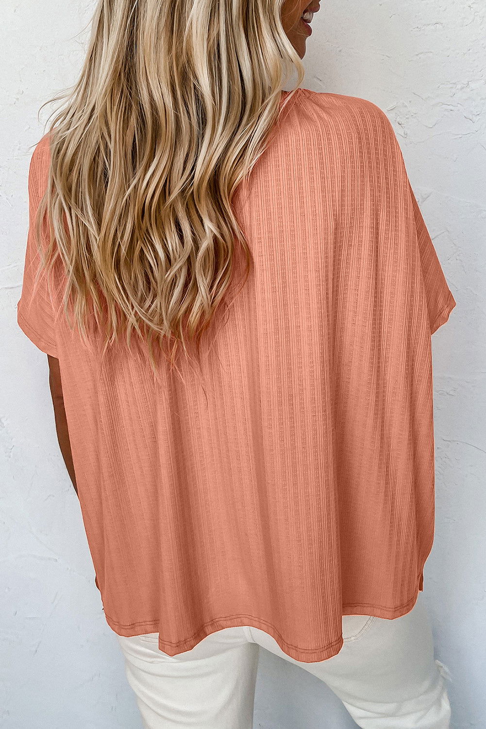 Orange Notched V Neck Buttoned Front Textured Loose Top - Vesteeto