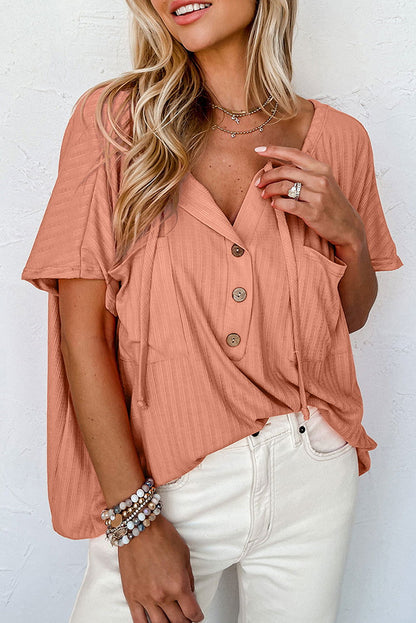 Orange Notched V Neck Buttoned Front Textured Loose Top - Vesteeto