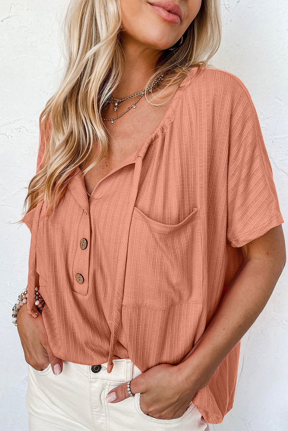 Orange Notched V Neck Buttoned Front Textured Loose Top - Vesteeto